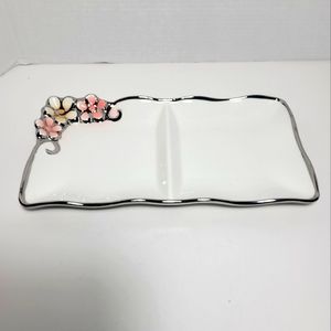D'Lusso Designs White and Silver Divided Serving Dish Pastel Flower Accents RARE